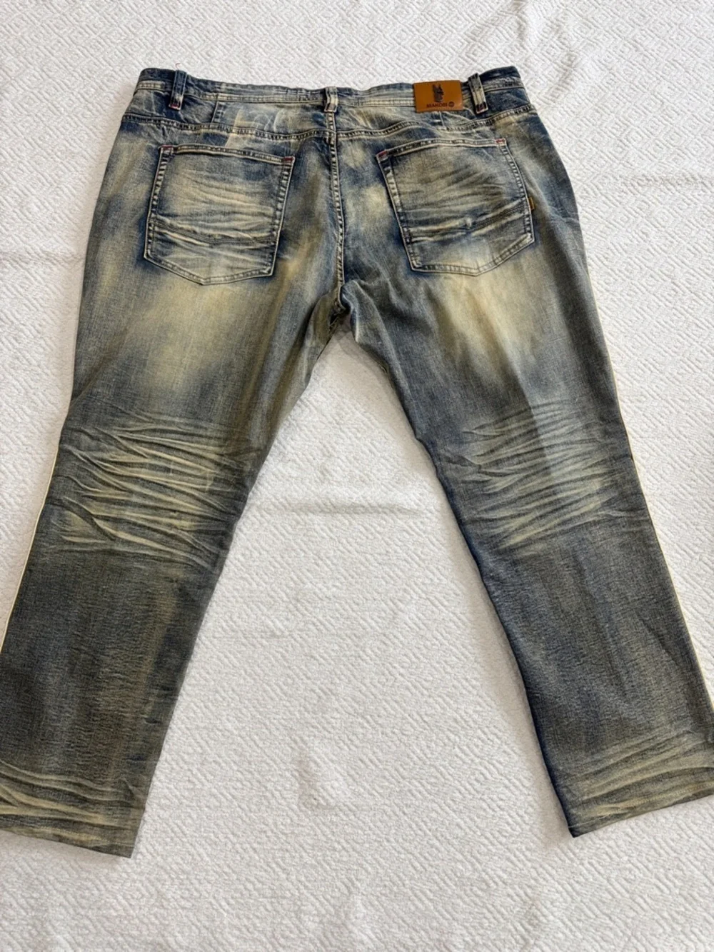 Makobi Washed Distressed Men's Straight Jeans with Pink Side Stripe Sz 48